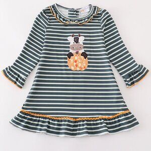 Abby and Evie Green Stripe Cow Pumpkin Applique Dress